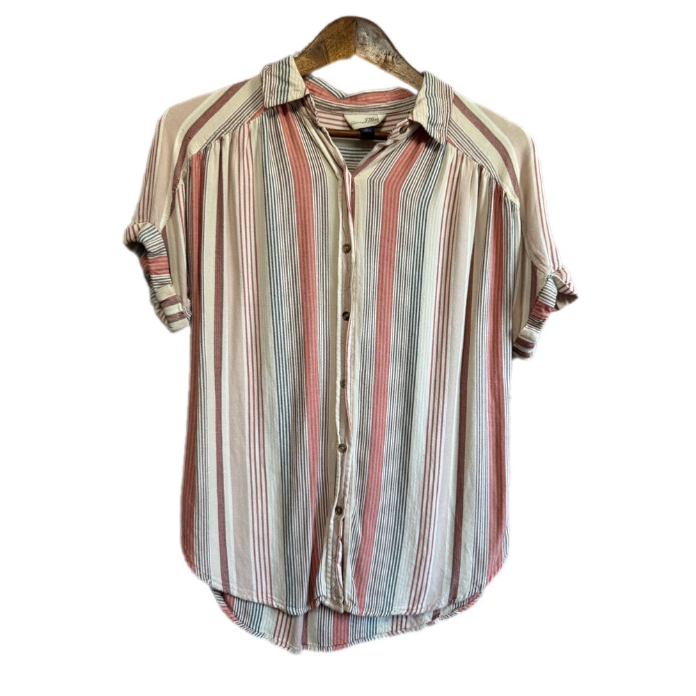 Universal‎ Thread Striped Button Down Women XS Pink Tan Short Sleeve Excellent